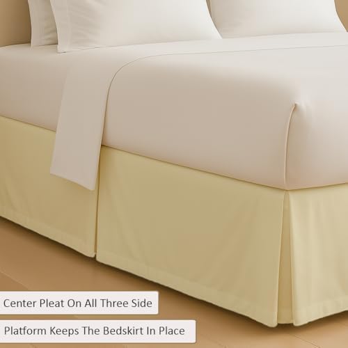 eBeddy Linens Split Corner Bed Skirt Queen 14 Inch Drop – 100% Microfiber, – Platform Style, Ivory Solid, 3-Sided Pleated, Tailored Fit, Hidden Storage, Hotel Luxury, Washable