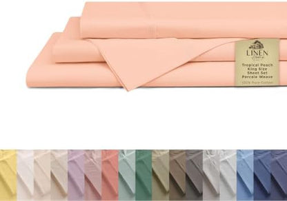 Linen Home 100% Cotton Percale King Sheets, 4Pc Cooling Set Tropical Peach