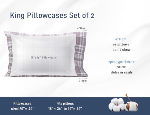 Pillow Cases 100% Cotton Percale King Size Set of 2, Mauve Grey