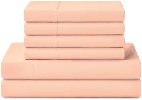 Linen Home 100% Cotton Percale Sheets California King Size, Tropical Peach, Deep Pocket, 6 Pieces Set- 1 Flat, 1 Fitted and 4 Pillowcases, Crisp Cool and Long Staple Strong Bed Linen