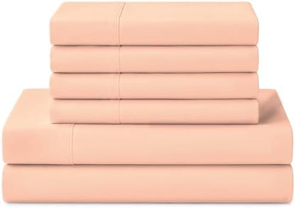 Linen Home 100% Cotton Percale Sheets California King Size, Tropical Peach, Deep Pocket, 6 Pieces Set- 1 Flat, 1 Fitted and 4 Pillowcases, Crisp Cool and Long Staple Strong Bed Linen