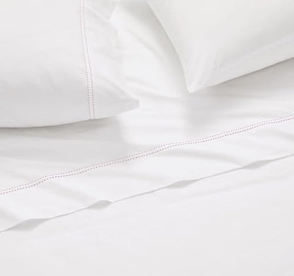 SCOUT 100% Cotton 200 Thread Count Percale Pick Stitch White/Pink Lemonade 4-Piece King Sheet Set, Solid Themed, Adult Bedding, Oeko-TEX Certified