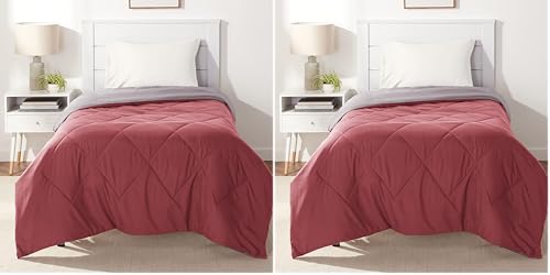 Amazon Basics Reversible Lightweight Microfiber All Season Comforter Blanket, Twin/Twin XL, Burgundy/Grey (Pack of 2)