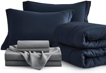 Maple&Stone Oversized Queen Comforter Set 7 Pieces Navy Bed in a Bag