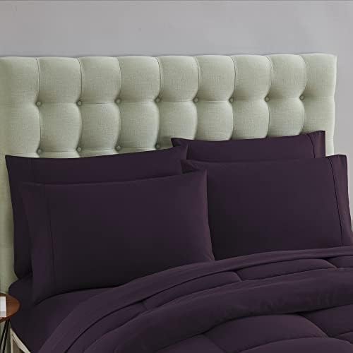Sweet Home Collection 7 Piece Comforter Set Bag Solid Color All Season Soft Down Alternative Blanket & Luxurious Microfiber Bed Sheets, Purple, Queen