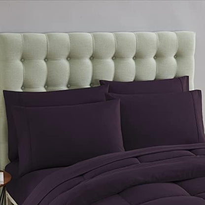 Sweet Home Collection 7 Piece Comforter Set Bag Solid Color All Season Soft Down Alternative Blanket & Luxurious Microfiber Bed Sheets, Purple, Queen