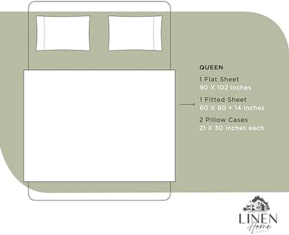 Linen Home 100% Cotton Percale Sheets Queen, 4 Pc Cooling Set - Sage