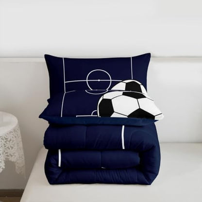 Castle Fairy Football Kids Comforter Set,Football Court Blue White Down Alternative Adults Bedroom Decor,Boys Soccer Sports Theme Ultra Soft Microfiber Inner Fill 3Pcs Bedding Queen Size