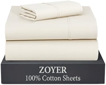 ZOYER 100% Cotton Sheets – Twin Size Percale Bedding, Cooling & Breathable, Durable with a Crisp, Soft & Comfortable Feel, 16" Deep Pocket, 3-Piece Set, Cream White