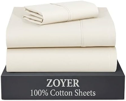 ZOYER 100% Cotton Sheets – Twin Size Percale Bedding, Cooling & Breathable, Durable with a Crisp, Soft & Comfortable Feel, 16" Deep Pocket, 3-Piece Set, Cream White