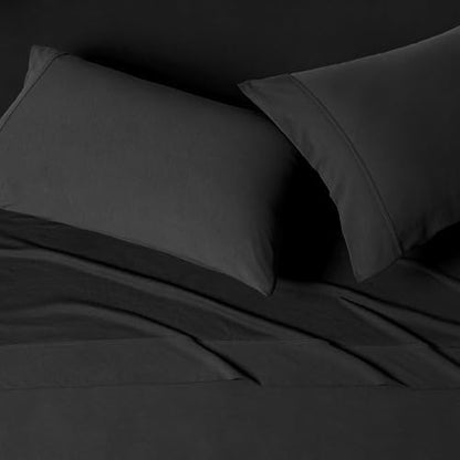 Amazon Basics 100% Cotton Jersey Bed Sheet Set, Full Size, Breathable and Comfortable, Machine Washable, Black, Solid