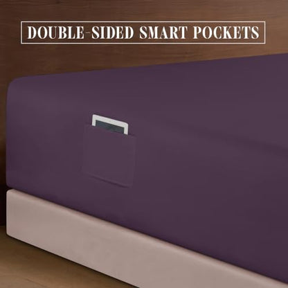 Elegant Comfort 4-Piece Bed Sheet Set - Luxury Bedding 1500 Premium Hotel Quality Microfiber, All Around Elastic 18-24 Inches Deep Fitted Sheet- Extra Deep Pocket Sheets, Queen, Plum Purple