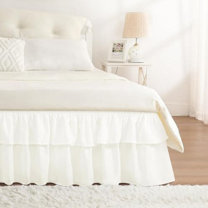 RIMELA Full Size Ruffle Bed Skirt 14 Inch Drop - Cream White Double Layered Wrap Around Dust Ruffle, Romantic Cute Design Bedskirt with High-Density Fabric, Soft Stretchy, Easy Install for Full Bed