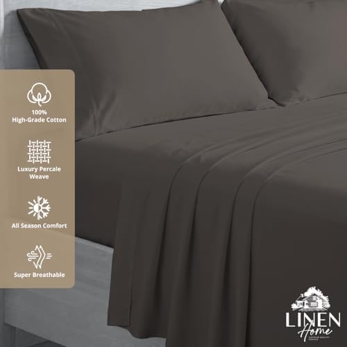 Linen Home 100% Cotton Percale Sheets California King Size, Smoky Charcoal, Deep Pocket, 6 Pieces Set- 1 Flat, 1 Fitted and 4 Pillowcases, Crisp Cool and Long Staple Strong Bed Linen
