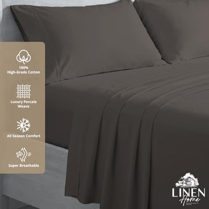Linen Home 100% Cotton Percale Sheets California King Size, Smoky Charcoal, Deep Pocket, 6 Pieces Set- 1 Flat, 1 Fitted and 4 Pillowcases, Crisp Cool and Long Staple Strong Bed Linen