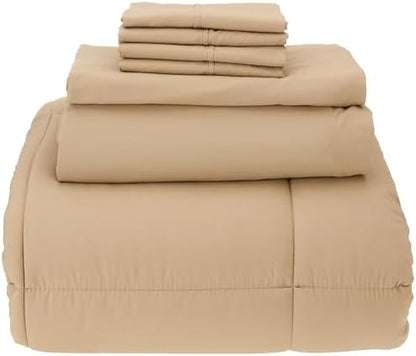 Sweet Home Collection 7 Piece Comforter Set Bag Solid Color All Season Soft Down Alternative Blanket & Luxurious Microfiber Bed Sheets, Taupe, Full