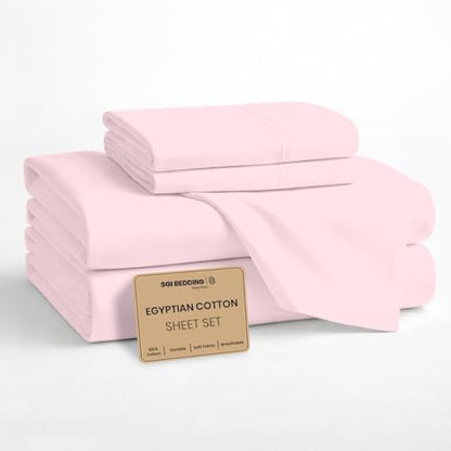 SGI bedding 100% Egyptian Cotton Sheets Twin Size – Cooling Sheets, Soft Breathable Blush Bedding, Luxury Bedding, Luxury Hotel Sheet Set, Deep Pocket 16", 4 Piece Set