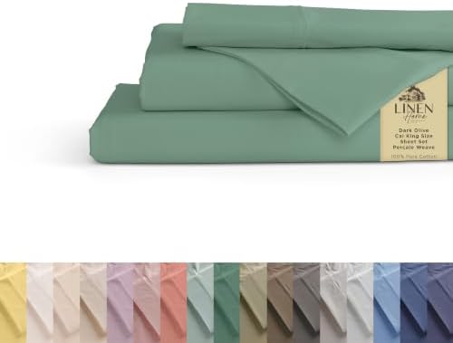 Linen Home 100% Cotton Percale Cal King Sheets 4Pc Cooling, Frosty Green