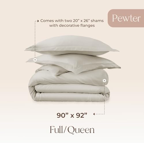 100% Organic Cotton Duvet Cover Queen Size - Naturally Soft Lightweight & Cooling Duvet Cover Set with Decorative Shams - Premium GOTS Certified 300 Thread Count Sateen Weave (Pewter, Queen)