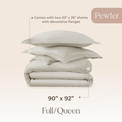 100% Organic Cotton Duvet Cover Queen Size - Naturally Soft Lightweight & Cooling Duvet Cover Set with Decorative Shams - Premium GOTS Certified 300 Thread Count Sateen Weave (Pewter, Queen)