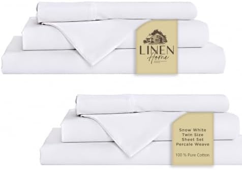Linen Home 100% Cotton Percale Sheets Twin Size Pack of 2, Snow White, Deep Pocket, 6 Pieces Set- 2 Flat, 2 Fitted and 2 Pillowcases, Crisp Cool and Long Staple Strong Bed Linen