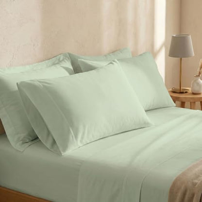 BIOWEAVES 100% Organic Cotton Sheets, 300 Thread Count 3-Piece GOTS Certified Bed Sheet Set Fits Mattress Upto 17" Deep Pocket, Soft & Silky Sateen Weave (Twin XL, Pastel Green)