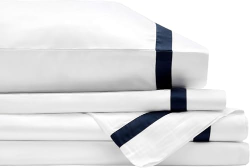 BIOWEAVES 100% Organic Cotton Banded Sheets Soft & Silky Sateen Weaves 4-Piece GOTS Certified Bed Sheet Set Fits Mattress Upto 17" Deep Pocket (Queen, White & Navy Blue)