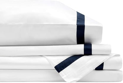 BIOWEAVES 100% Organic Cotton Banded Sheets Soft & Silky Sateen Weaves 4-Piece GOTS Certified Bed Sheet Set Fits Mattress Upto 17" Deep Pocket (Queen, White & Navy Blue)