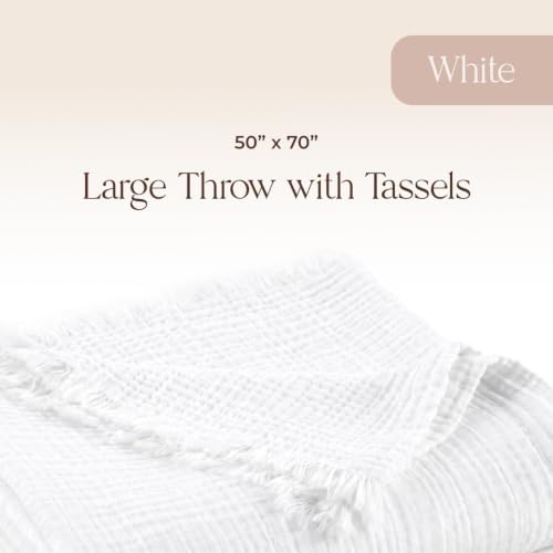100% Cotton Organic Muslin Throw Blanket for Adults GOTS & Fairtrade Certified Organic Cotton - Couch Living Room and Bedroom Decor - 4 Layer Super Soft and Cozy (White, Large Throw)
