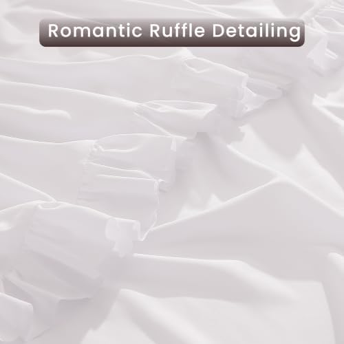 ROSE&RISY Queen Ruffle Sheet Set 4 Piece - White Soft Lightweight Microfiber Bedding with Deep Pocket, Breathable Ruffled Flat Sheet & Pillowcases (White, King Size)