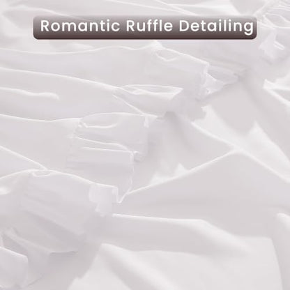ROSE&RISY Queen Ruffle Sheet Set 4 Piece - White Soft Lightweight Microfiber Bedding with Deep Pocket, Breathable Ruffled Flat Sheet & Pillowcases (White, King Size)