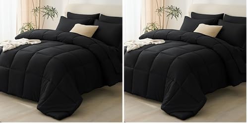 CozyLux Queen Comforter Set Black - 7 Pieces Bed in a Bag Queen, All Season Soft Bedding Set, Oeko-Tex Certified Bed Set with Down Alternative Comforter, Sheets, Pillowcases & Pillow Shams (Pack of 2)