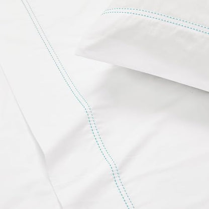 SCOUT 100% Cotton 200 Thread Count Percale Pick Stitch White/Seafoam 3-Piece Twin Sheet Set, Solid Themed, Adult Bedding, Oeko-TEX Certified