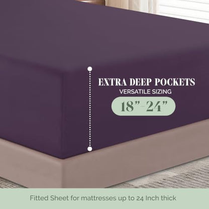 Elegant Comfort 4-Piece Bed Sheet Set - Luxury Bedding 1500 Premium Hotel Quality Microfiber, All Around Elastic 18-24 Inches Deep Fitted Sheet- Extra Deep Pocket Sheets, Queen, Plum Purple