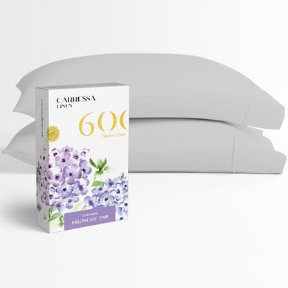 Carressa Linen 100% Egyptian Cotton King Size Pillow Cases Set of 2 - Luxury 600 Thread Count King Pillowcases (Silver), Silky Soft, Cooling, Breathable Sateen Weave Hotel Quality Bed Pillow Cover