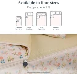 Bedding set with size chart indicating totalis, twin, full, and queen sizes.