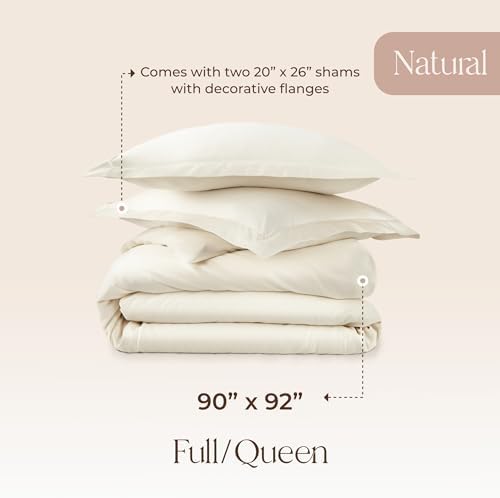 100% Organic Cotton Duvet Cover Queen Size - Naturally Soft Lightweight & Cooling Duvet Cover Set with Decorative Shams - Premium GOTS Certified 300 Thread Count Sateen Weave (Natural, Queen)