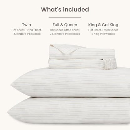 BIOWEAVES 100% Organic Cotton Sheets, 300 Thread Count 4-Piece GOTS Certified Bed Sheet Set Fits Mattress Upto 17" Deep Pocket, Soft & Silky Sateen Weave Twin XL, Natural/Biscotti Stripes