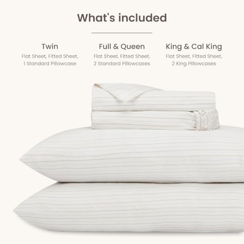 BIOWEAVES 100% Organic Cotton Sheets, 300 Thread Count 4-Piece GOTS Certified Bed Sheet Set Fits Mattress Upto 17" Deep Pocket, Soft & Silky Sateen Weave Cal King, Natural/Biscotti Stripes