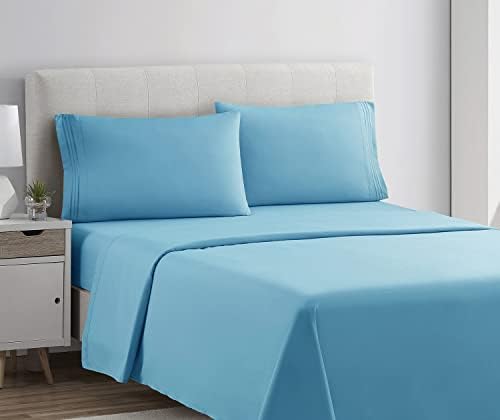 Clara Clark Bed Sheets, Premier 1800 Series 4 Piece Bed Sheet Set, Deep Pocket, Wrinkle, Fade, Stain Resistant, Luxury Soft Bedding Sheets & Pillowcases, Full, Beach Blue