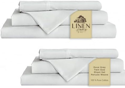 Linen Home 100% Cotton Percale Sheets Twin Size Pack of 2, Dove Grey, Deep Pocket, 6 Pieces Set- 2 Flat, 2 Fitted and 2 Pillowcases, Crisp Cool and Long Staple Strong Bed Linen