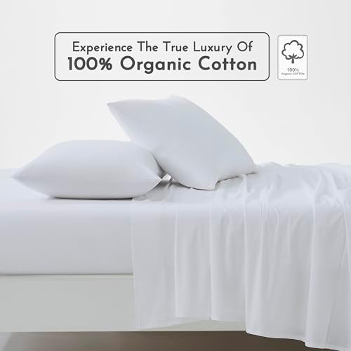 Linen Closet 100% Organic Cotton Full Size Sheets Set, 4 Pcs, Arctic White - Percale Bed Sheets & Pillowcases Set - Up To 16" Deep Pocket Fitted Sheet - Cooling, Crisp & Breathable - For Hot Sleepers