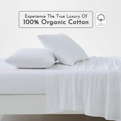 Linen Closet 100% Organic Cotton Full Size Sheets Set, 4 Pcs, Arctic White - Percale Bed Sheets & Pillowcases Set - Up To 16" Deep Pocket Fitted Sheet - Cooling, Crisp & Breathable - For Hot Sleepers