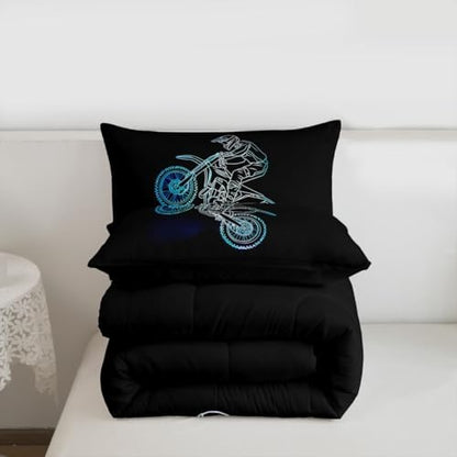 Feelyou Neon Blue Dirt Bike Comforter Set Off-Road Sport Bedding Set with 2 Pillow Cases Neon Line Design Kids Full Outdoor Sports Room Decor Motocross Art Duvet Quilt Breathable Soft Lightweight