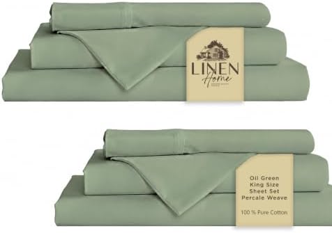 Linen Home 2-Pack King Sheet Set, 100% Cotton Percale Bedding, 8-Piece Value Bundle, Deep Pocket Cooling Bed Sheets for Hot Sleepers, Breathable & Crisp Hotel Quality, Long-Staple Cotton, Oil Green