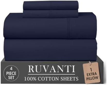 RUVANTI 100% Cotton Twin XL Sheets, Percale Weave Twin XL Set, Deep Navy
