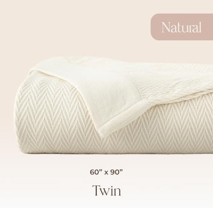 100% Organic Cotton Blanket - GOTS Certified 350GSM Organic Cotton Throw Blanket for Bed with Luxurious & Breathable Herringbone Weave - Great as Bedspread or Coverlet (Natural, Twin)