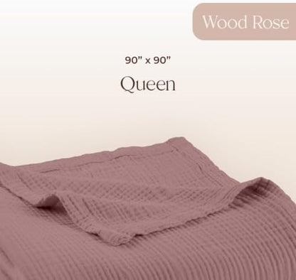 100% Cotton Organic Muslin Throw Blanket for Adults GOTS & Fairtrade Certified Organic Cotton - Couch Living Room and Bedroom Decor - 4 Layer Super Soft and Cozy (Wood Rose, Queen)