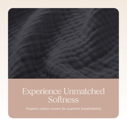 100% Cotton Organic Muslin Baby Swaddle Blanket GOTS & Fairtrade Certified Organic Cotton - Couch Living Room and Bedroom Decor - 4 Layer Super Soft and Cozy (Graphite, Baby)