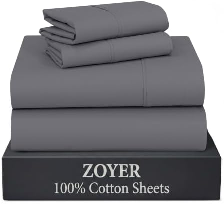 ZOYER 100% Cotton Sheets – King Size Percale Bedding, Cooling & Breathable, Durable with a Crisp, Soft & Comfortable Feel, 16" Deep Pocket, 4-Piece Set, Smoked Pearl